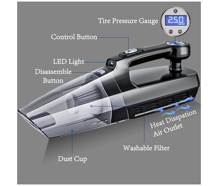 Generic 4-in-1 Car Vacuum Cleaner Tire Inflator - Portable High Power Handheld Car Vacuum Cleaner 7000PA/130W/DC 12V with LCD Tire Pressure Display LED Light Wet/Dry Air Compressor in OMAN