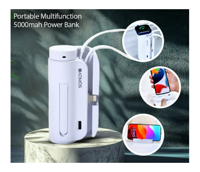 Portable Multifunction 5000mah Power Bank With Type-C Lightning Cables Wireless Magnetic Charger For Watch With Hidden Mobile Supporting Stand Android and IOS in KSA