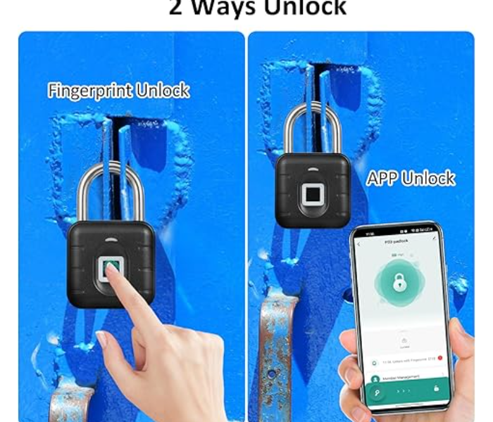 New Padlock, Fingerprint Padlock BT Lock Smart Padlock with APP Control 10 Groups Fingerprint Anti Theft Security Keyless Electronic Lock Outdoor Waterproof Suitable for Locker Gym Gate Doors and Suitcase in KSA