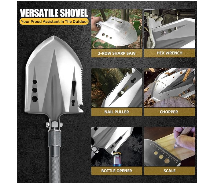 Survival Folding Shovel 20 PCS Multitool, 34.6'' Military Tactical Collapsible Shovel Heavy Duty, High Carbon Steel Entrenching Tool Portable Spade for Camping Hiking in KSA