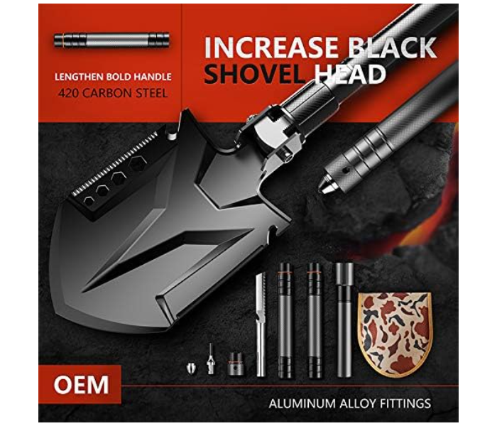 Survival Folding Shovel 20 PCS Multitool, 34.6'' Military Tactical Collapsible Shovel Heavy Duty, High Carbon Steel Entrenching Tool Portable Spade for Camping Hiking in KSA