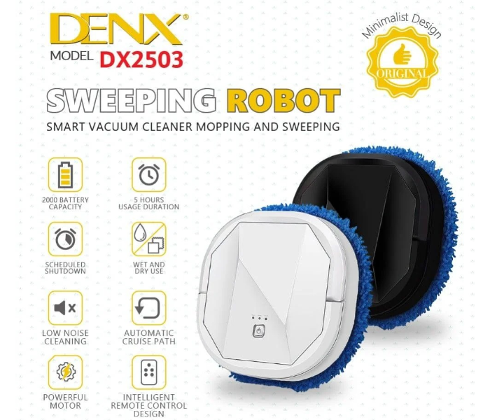 DENX Automatic ROBOT Vacuum Cleaner 5 Hours Usage Duration Sweeping Robot,Ultra Slim Tangle-Free Suction, Daily Floor Schedule Cleaning, 2000 Battery Pa Super Powerful Suction Cleaning, Perfect for Hardwood Floors, Wood Floors and Living Room Hair in KSA
