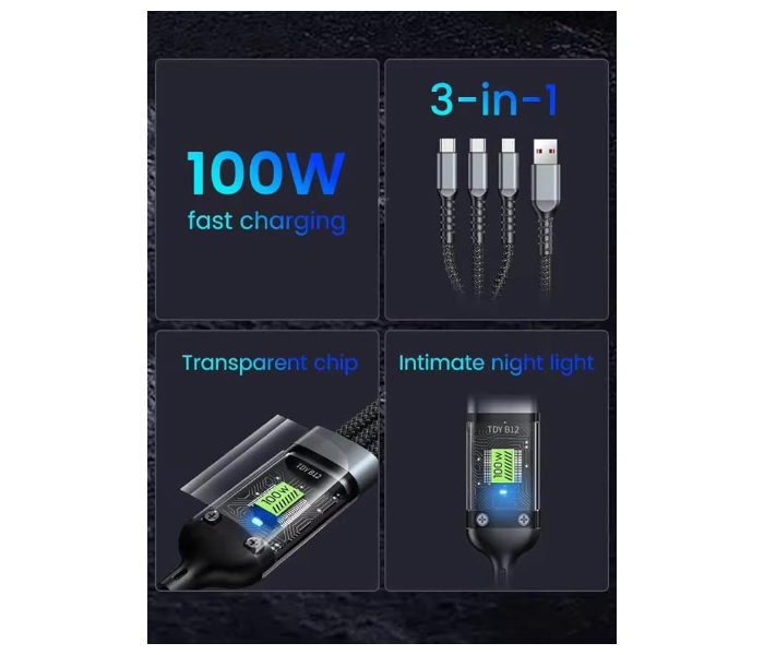 Fast USB Cable Charger, 3-in-1 Multi Charging 100W, Type-C/Micro USB/Lightnning, Compatible with All Devices, Strong and Durable, Black in KSA