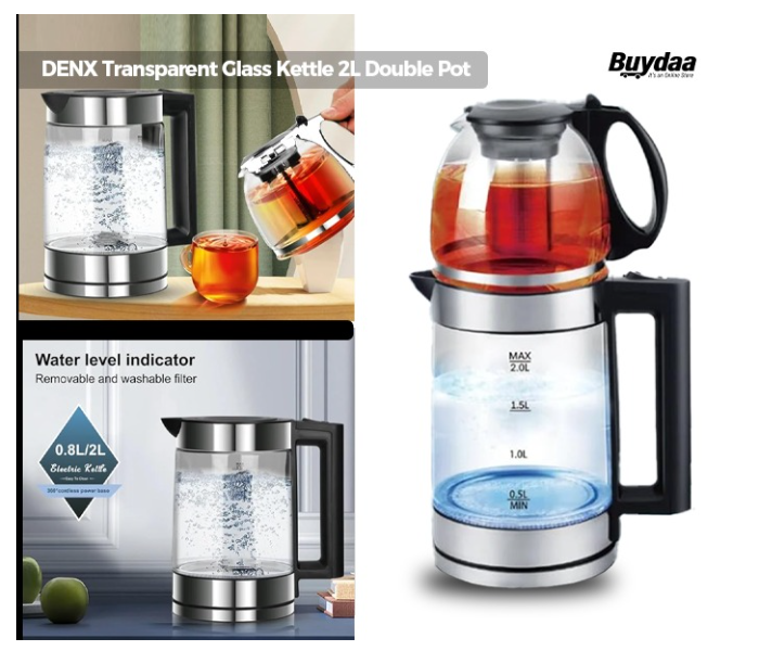 DENX Transparent Glass Kettle 2L Double Pot Tea Pot With filter Electric Kettle with 0.8L Steam Tea Pot, 2 in 1 Multifunctional Electric Kettle 2L in KSA