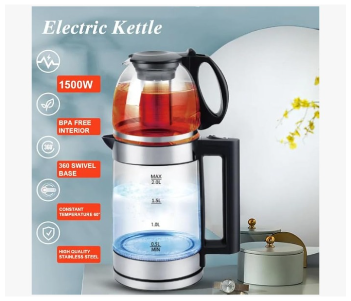 DENX Transparent Glass Kettle 2L Double Pot Tea Pot With filter Electric Kettle with 0.8L Steam Tea Pot, 2 in 1 Multifunctional Electric Kettle 2L in KSA