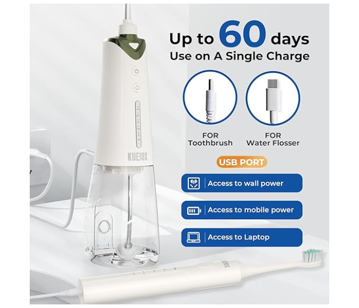 Denx Electric Toothbrush with Water Cordless Flosser, 320ML Portable Travel Water Dental Flosser for Teeth with 5 Modes & 6 Jet Tips & IPX7 Waterproof for Teeth Cleaning and flossing in KSA