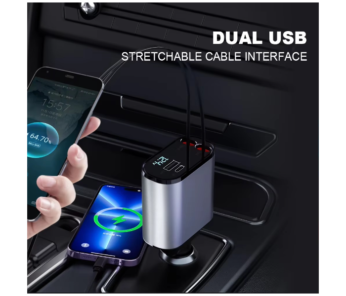 4 in 1 Retractable Car Charger 120W 4 in 1 Car Charger Adapter with Retractable Cables and Voltage DisplayWith USB/USB-C/Lightning Ports Compatible with i-Phone, Android, Samsung Galaxy,Apple - P001 in KSA