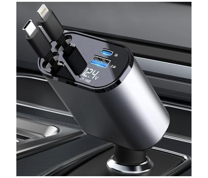 4 in 1 Retractable Car Charger 120W 4 in 1 Car Charger Adapter with Retractable Cables and Voltage DisplayWith USB/USB-C/Lightning Ports Compatible with i-Phone, Android, Samsung Galaxy,Apple - P001 in KSA