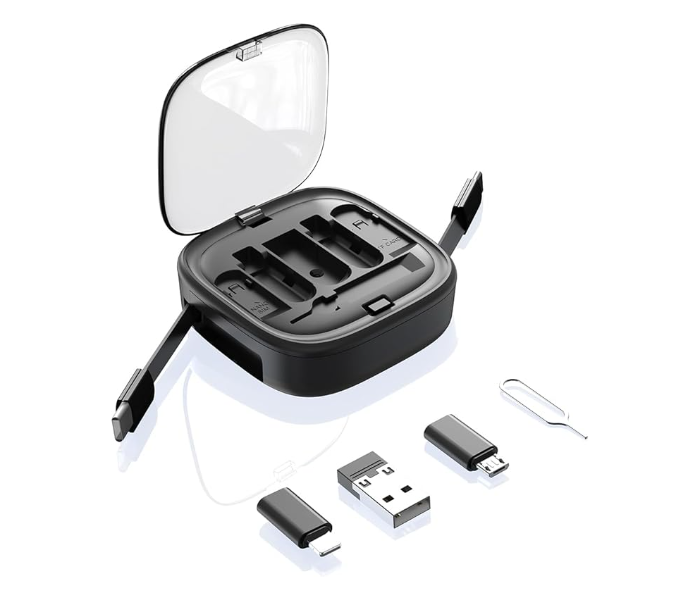 2025 Newest USB Adapter Storage Box, USB C to USB C Retractable Charging Cable Up to 3FT, Adapter Conversion Kit USB/Type-C to Micro/Type-C/Lightning, Data Transfer, Card Slot, Phone Holder Black in KSA
