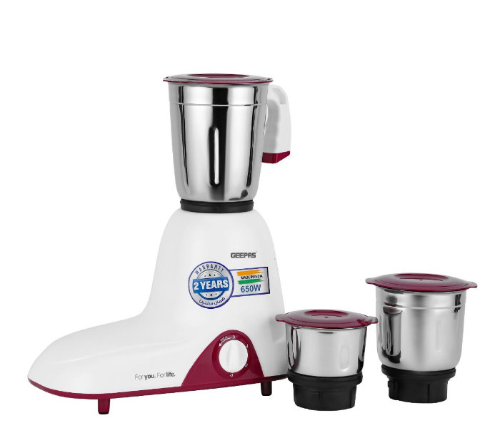 Geepas GSB44094 3-IN-1 Mixer Grinder Powerful Motor with Stainless Steel Jars and Blades 650W Unbreakable Jar Caps - White and Purple in KSA