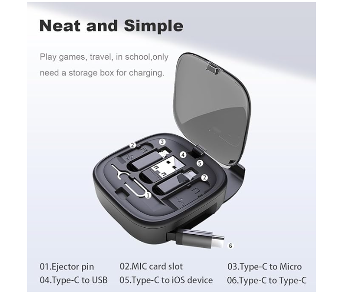 2025 Newest USB Adapter Storage Box, USB C to USB C Retractable Charging Cable Up to 3FT, Adapter Conversion Kit USB/Type-C to Micro/Type-C/Lightning, Data Transfer, Card Slot, Phone Holder Black in KSA