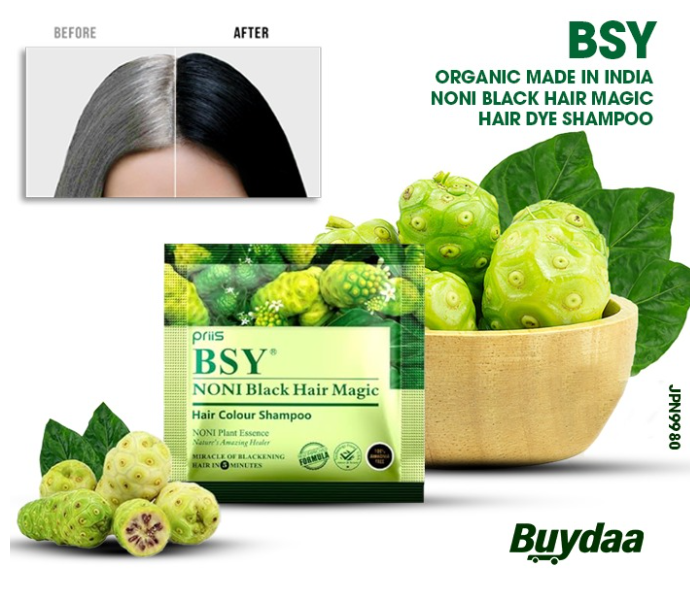 Organic MADE IN INDIA BSY Noni Black Hair Magic Hair Dye Shampoo, 12 ml - Pack of 24 Sachets in UAE