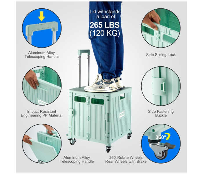 Foldable Utility Cart, Shopping Trolley Handcart with Secure Lid Wheels Telescoping Handle, Collapsible Rolling Crate for Camping & Moving, Storage Basket for Grocery in UAE