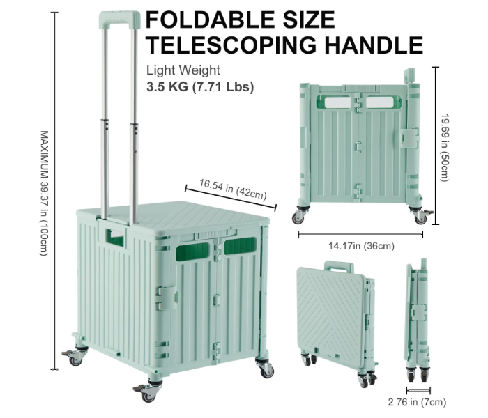 Foldable Utility Cart, Shopping Trolley Handcart with Secure Lid Wheels Telescoping Handle, Collapsible Rolling Crate for Camping & Moving, Storage Basket for Grocery in UAE