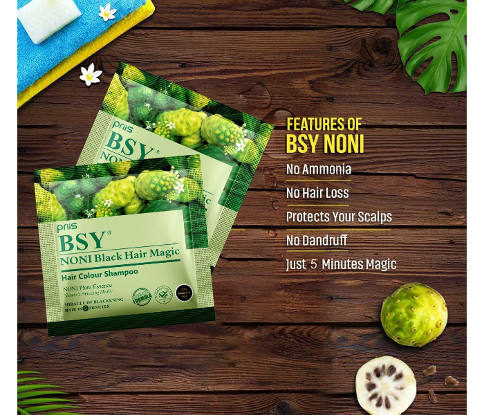 Organic MADE IN INDIA BSY Noni Black Hair Magic Hair Dye Shampoo, 12 ml - Pack of 24 Sachets in UAE