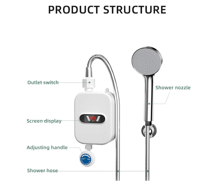 Instant Heater Shower Hot Water Heater with Digital Display 110V Hot Water Heater Tankless Waterproof Eliminate Time for Hot Water Shelf Wall in UAE