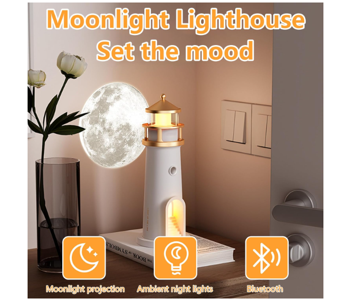 Lighthouse Moon Lamp Projector, LED Night Light with Remote Control, Lunar Projection, Adjustable Brightness, Timer, and Bluetooth Speaker for Bedroom, Living Room in KSA