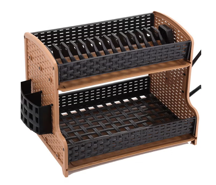 RoyalFord RF10798 Galaxy 2 Layer Rattan Dish Rack With Plastic Drip Tray - Brown And Black in UAE