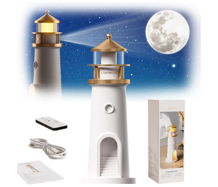 Lighthouse Moon Lamp Projector, LED Night Light with Remote Control, Lunar Projection, Adjustable Brightness, Timer, and Bluetooth Speaker for Bedroom, Living Room in KSA