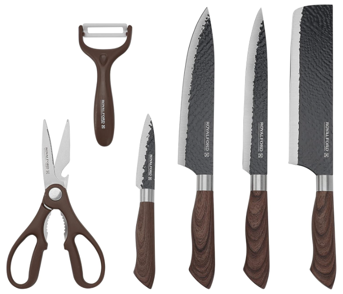 Royalford RF10462 6pcs Kitchen Knife Set with Non Stick Coating And Extra Short Stainless Steel Blades - Brown in UAE