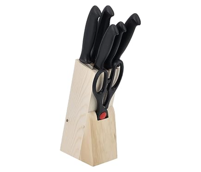 Royalford RF10229 7Pcs Kitchen Knives Set With Wooden Block Multipurpose Scissor Knife Sharpener - Black in UAE