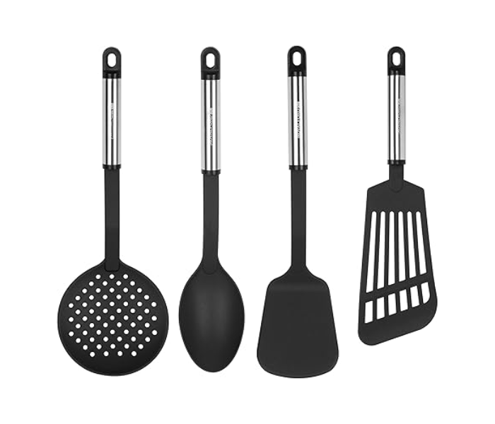 Royalford RF12691 4 Piece Nylon Kitchen Tools with Stainless Steel Handle - Black in UAE