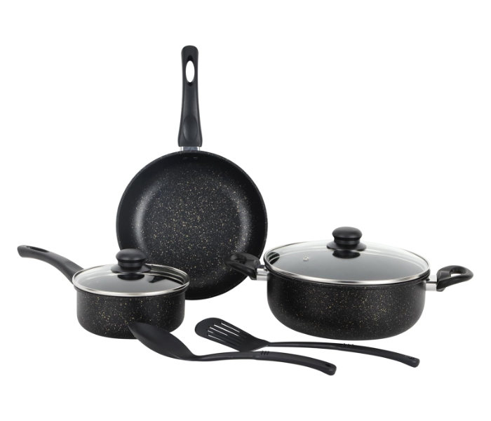 Royalford RF12622 Cookware Set Elite Durable 7pc Cooking Set Non-stick 16cm frypan 24cm Aluminium Cookware Pots and Pan - Black in UAE
