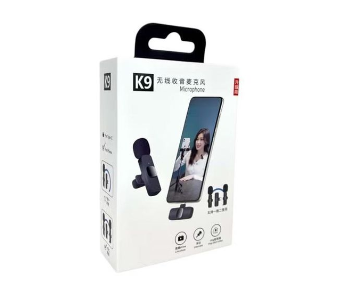K9 Dual Wireless Microphone with Receiver – Type-C Clip-On Mic for Mobile Phones, Cameras, Laptops – Portable Digital Mini Mic for Vlogging, YouTube, Zoom, Online Classes in KSA
