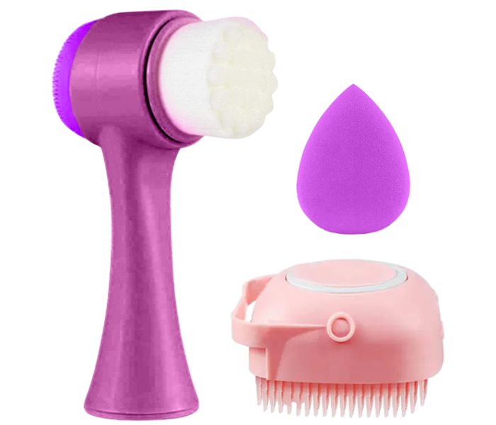 3-in-1 Face Brush, Silicone Body Scrubber & Makeup Sponge Set – Deep Cleansing Kit in UAE