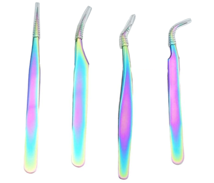 Rainbow Eyelash Extension Tweezer Set – 4pcs Precision Lash Tweezers with Case in UAE