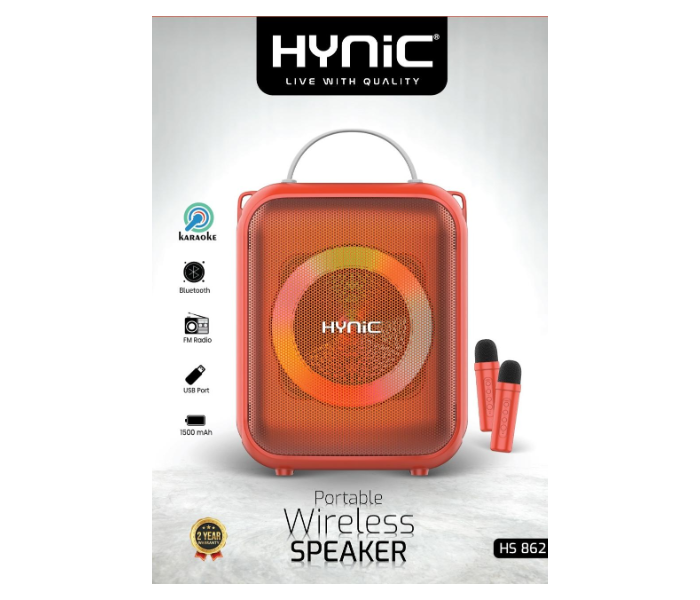 HYNIC HS862 Double Mic Portable Bluetooth Speaker 20W | 18000 PMPO | FM, USB, Remote Control, 3000mAh, DC5V in KSA