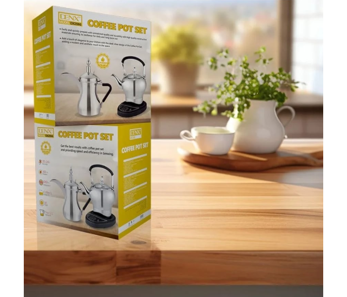 DENX DX2066 Electric Coffee Pot & Tea Kettle Set | 800W Stainless Steel Arabic Coffee Maker with 1L Coffee Pot & 1.2L Tea Pot | Fast Heating, Durable & Elegant Design – UK Plug in KSA
