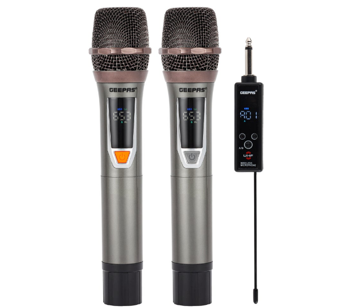Geepas UHF Wireless Mic Set GMP15015 – 2 Mics, 100 Channels, Wide Frequency, Ideal for Singers, Karaoke & Speeches – Metallic Black in KSA