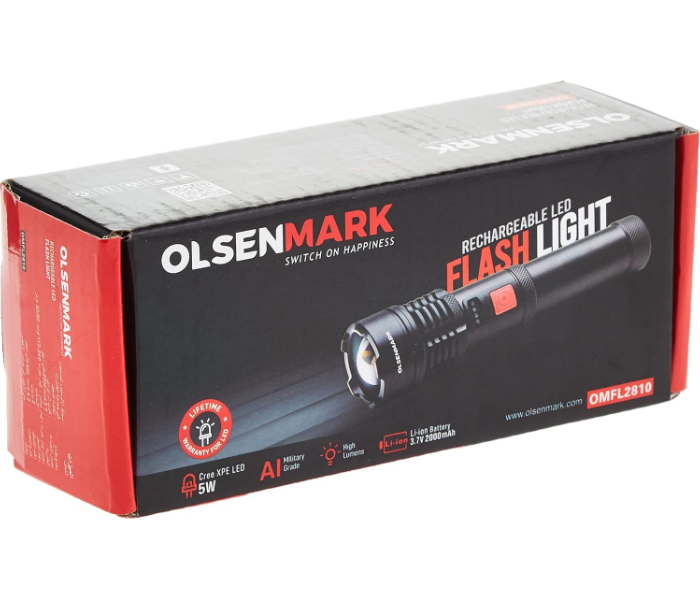 Olsenmark 2000mAh Rechargeable LED Flashlight – Durable, Long Battery Life, Bright Light, Black -OMFL2810 in KSA