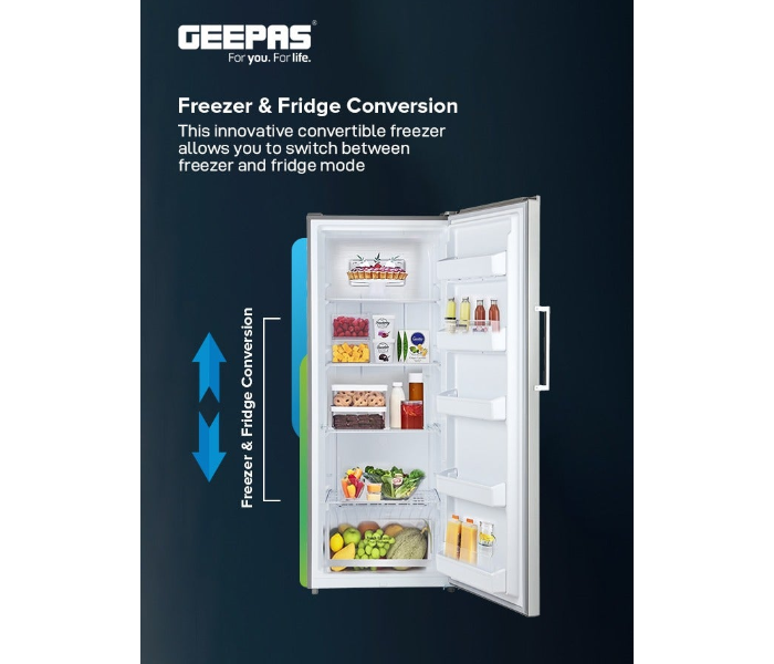 Geepas 510L Convertible Upright Freezer GRFU6024XHN – No Frost, Inverter Compressor, Fridge/Freezer Option, Digital Control, Door Alarm, 190W, Silver in KSA