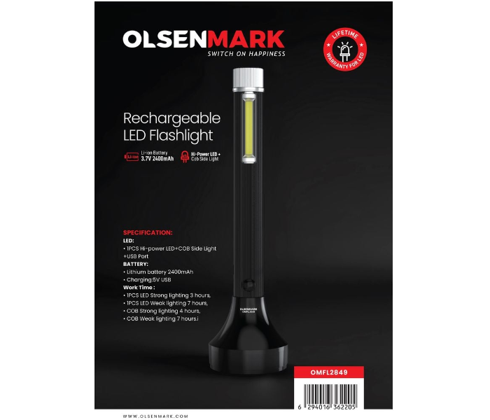 Olsenmark OMFL2849 Rechargeable LED Flashlight – Hi-Power, COB Side Light, USB, 2400mAh, Black in KSA