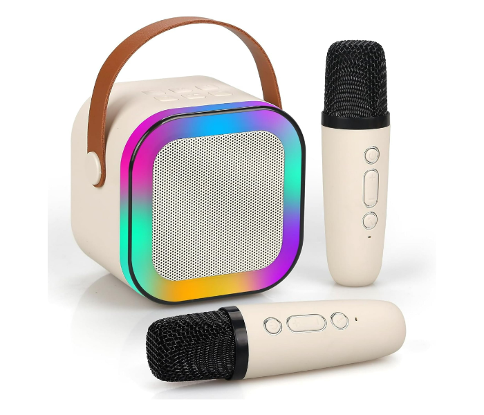 K12 Dual Microphone Karaoke Bluetooth Speaker RGB Light Two 5W Speakers Sound Subwoofer Boombox Support Multiple Input Modes, White in KSA