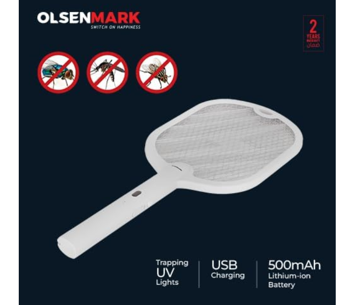 Olsenmark Electric Mosquito & Fly Swatter OMBK1873 – Rechargeable Li-ion Battery, UV Light, High Power, 4-5H Charging, White, 2Y Warranty in KSA