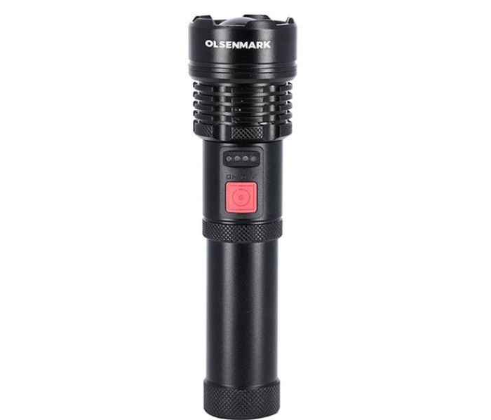 Olsenmark 2000mAh Rechargeable LED Flashlight – Durable, Long Battery Life, Bright Light, Black -OMFL2810 in KSA