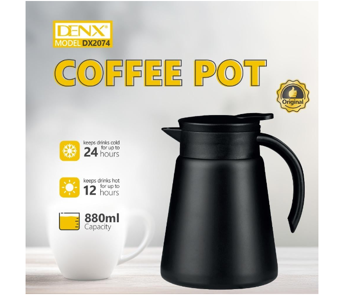 DENX Thermal Coffee Carafe 880ml – Double Wall Vacuum Insulated Stainless Steel Coffee Pot, Keeps Drinks Hot 12 Hours / Cold 24 Hours, Leakproof with Silicone Seal in KSA