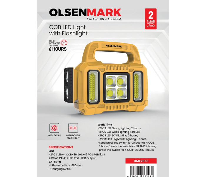 Olsenmark COB LED Light OME2853 – Dual Bulb, 6H Use, Solar/USB Charge, 1800mAh, Indoor/Outdoor, Multi-Functional in KSA