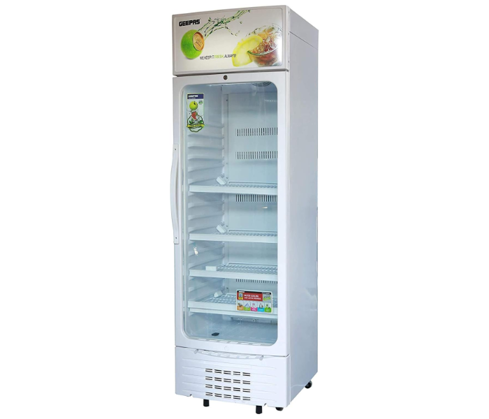 Geepas Upright Showcase Refrigerator GSC2807WRE – CFC-Free, Adjustable Thermostat, LED Lighting, Bottle Cooler, Low Energy Compressor Fan in KSA