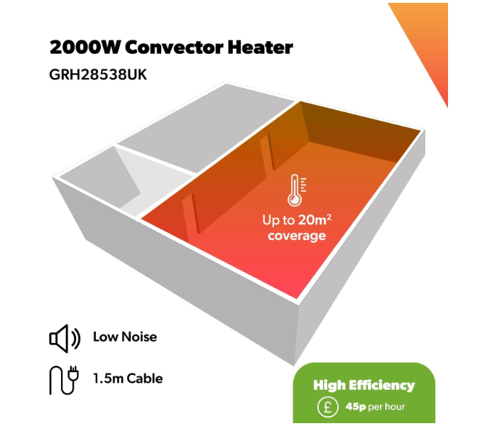 Geepas 2000W Convector Heater GRH28538UK – Adjustable Thermostat, Overheat Protection, Portable Design, White in KSA