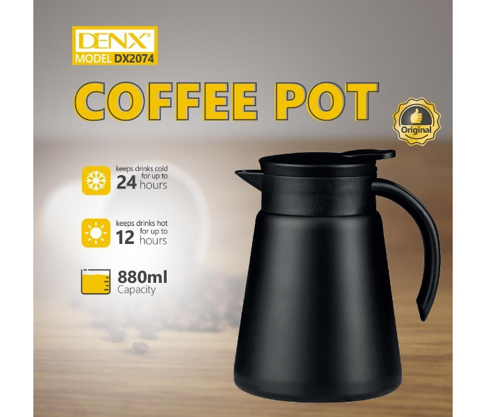 DENX Thermal Coffee Carafe 880ml – Double Wall Vacuum Insulated Stainless Steel Coffee Pot, Keeps Drinks Hot 12 Hours / Cold 24 Hours, Leakproof with Silicone Seal in KSA