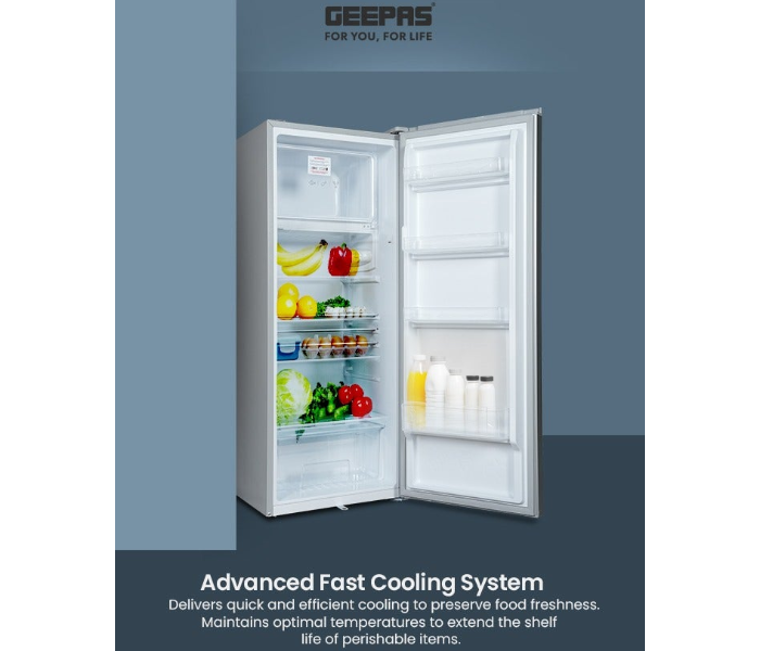 Geepas 173L Single Door Refrigerator GRF2205SXE – Fast Cooling, Chiller, Vegetable Crisper, LED Light, Silver in KSA