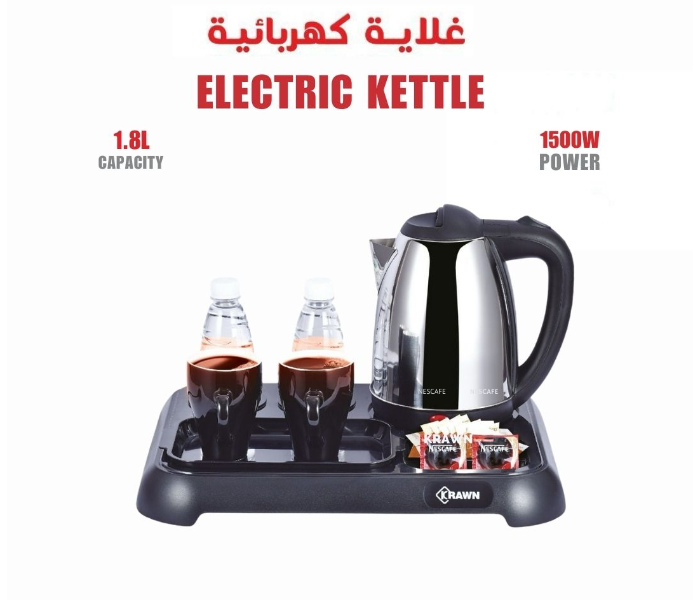 1500W Electric Kettle Set 1.8L for Hotel, Home & Office – Includes 2 Ceramic Cups, Sugar Bowl, Water Bottle Holder – KW-37923 in KSA