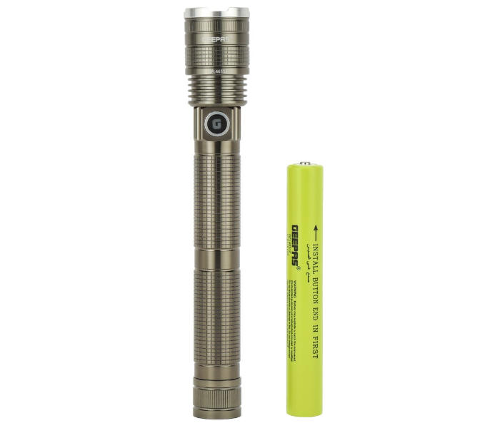 Geepas GFL4651N Zoomable LED Flashlight, High-Power LEDs, 10H Runtime, Aluminum Housing – Black in KSA