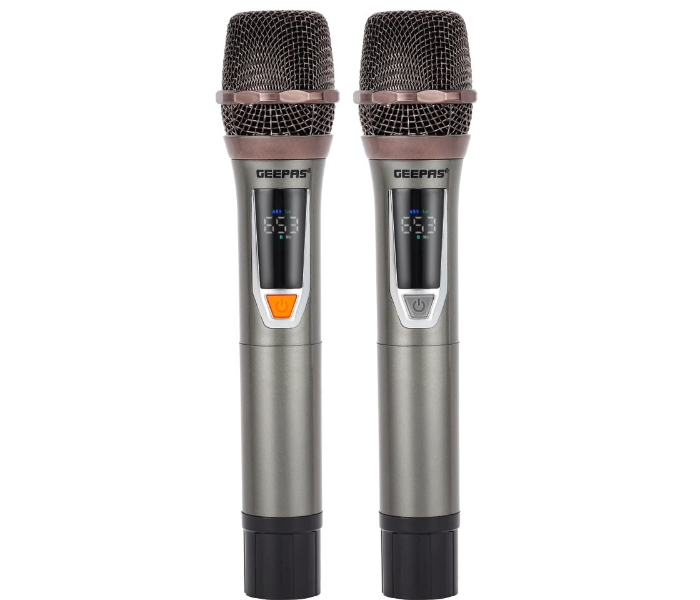 Geepas UHF Wireless Mic Set GMP15015 – 2 Mics, 100 Channels, Wide Frequency, Ideal for Singers, Karaoke & Speeches – Metallic Black in KSA