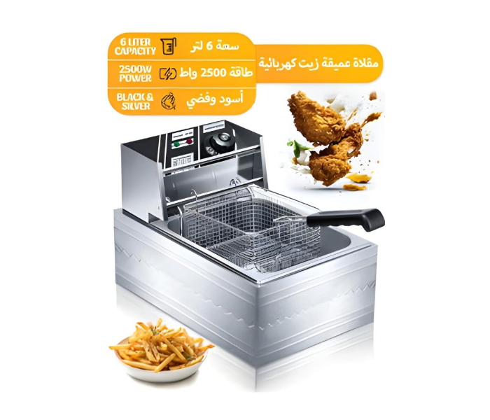 DX1796 Stainless Steel 6L Deep Oil Fryer with Basket Strainer Jumbo Size Adjustable Temperature & Timer, Perfect Chicken, Shrimp, French Fries, Chips & More, Removable Oil Container in KSA