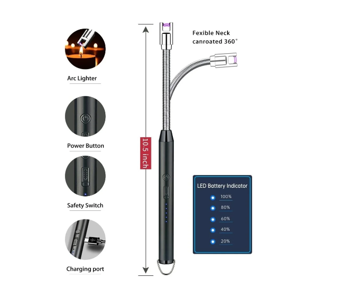 Electric Lighter USB-C Rechargeable with Safety Switch, Windproof Flameless Electronic Long Lighter for Candles, Grill, BBQ, Gas Stove, kitchen, Camping in KSA